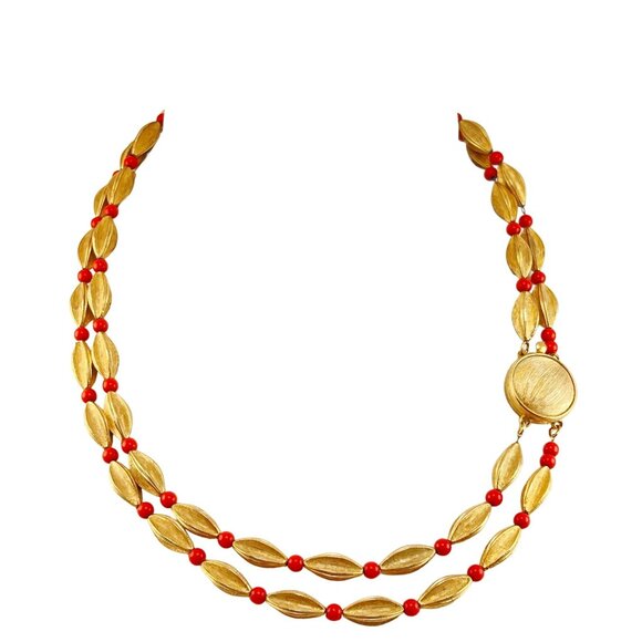 Double Strand Vintage Choker Necklace with Textured Beads 16" - Picture 5 of 6